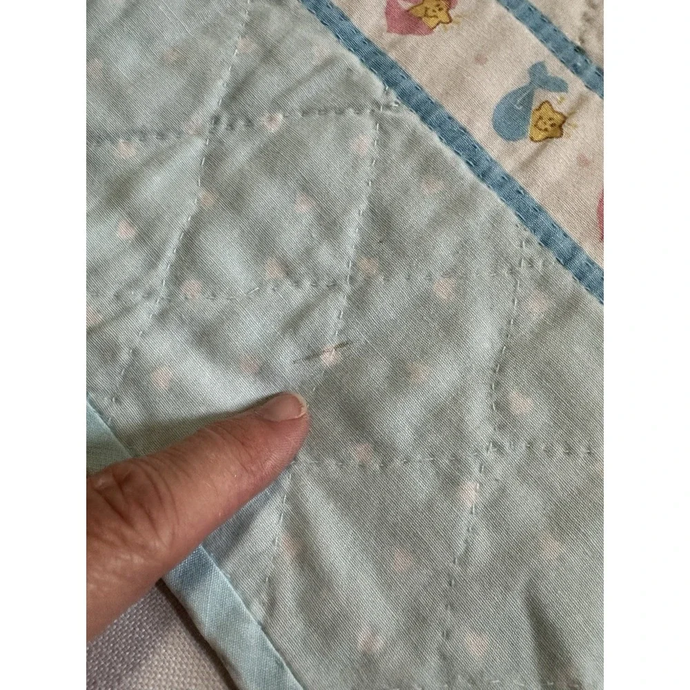 Vtg Care Bears Baby Crib Quilt Handmade 32x43 Nursery Blanket Stars Blue Edge